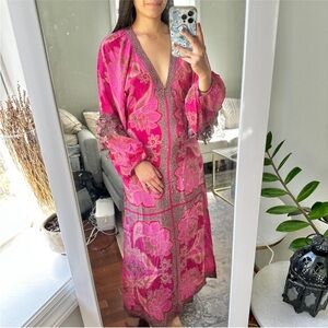 NWT Farm Rio Pink Floral Glam Scarf Long Sleeve Maxi Dress